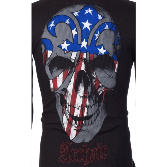Archaic by Affliction Men's Thermal Shirt BORN PATRIOT Skull Biker Black - Picture 8 of 8
